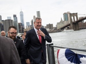 NEW YORK, NY - APRIL 17: New York City Mayor Bill De Blasio exits after a dedication ceremony for the new NYC Ferry, April 17, 2017 in New York City. The new citywide NYC Ferry service will start on May 1 with the Rockaway route and the existing East River route. (Photo by Drew Angerer/Getty Images)
